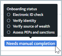 Tooltip displayed on hovering over Needs manual completion status for a product application. The tooltip shows the onboarding status of the application.