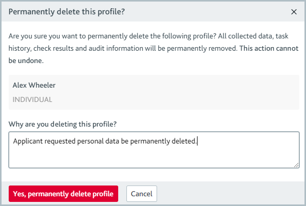 Permanently delete this profile confirmation dialog