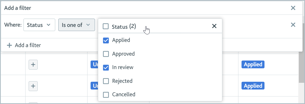 Add a filter menu with a filter where status is one of applied or in review.