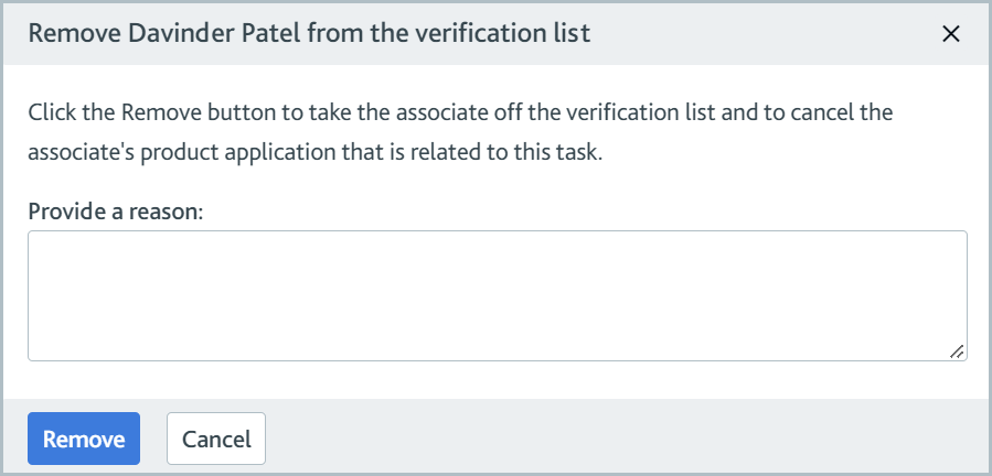 Remove associate from verification list dialog.