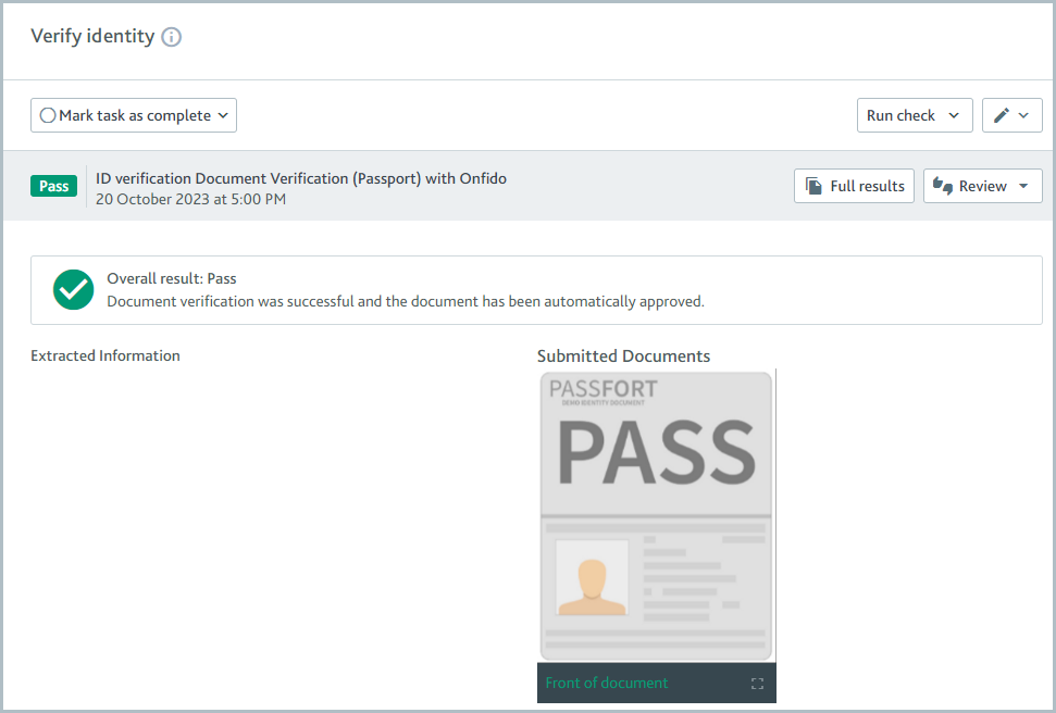 Verify identity task showing document verification check pass.