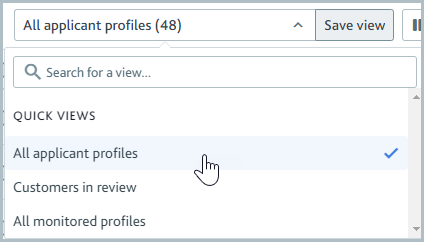 Views dropdown showing All applicant profiles menu option.