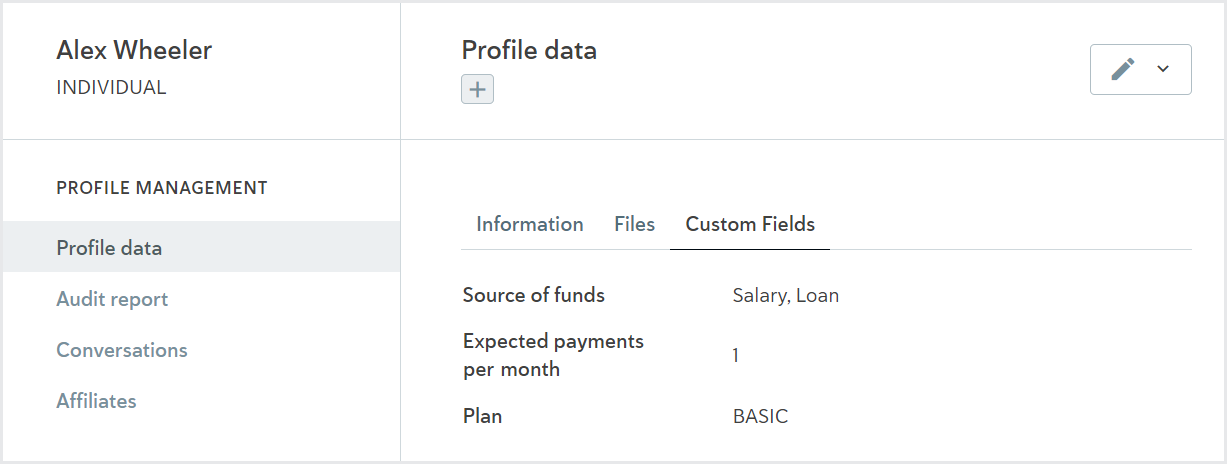 The custom fields tab on an Individual's Profile data page.