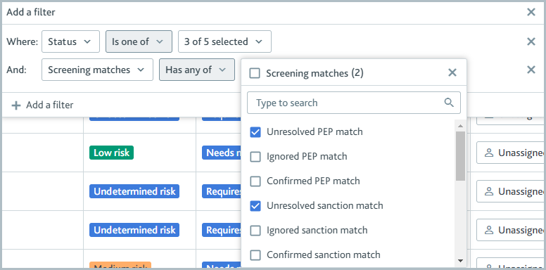 Add a filter dialog with screening matches filter.