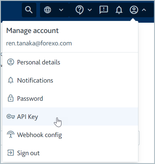 API Key menu option in the Manage account menu.