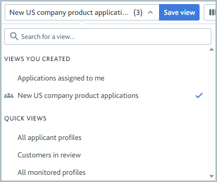 Views dropdown showing the New US company product applications view under Views you created.
