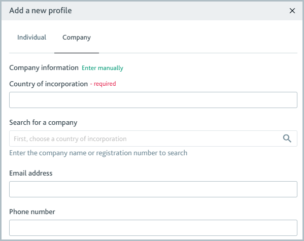 Add a new company profile showing the search for a company field.