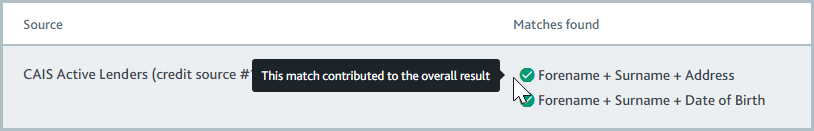 Electronic identity check match results with tooltip reading "This result contributed to the overall result."