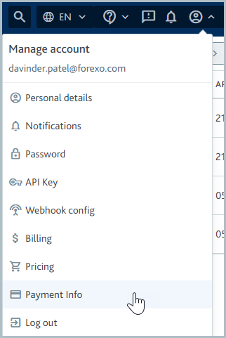 Manage account menu with mouse hovering over Payment info option.
