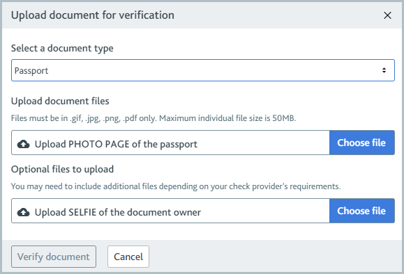 Upload document for verification dialog with the passport document type selected.
