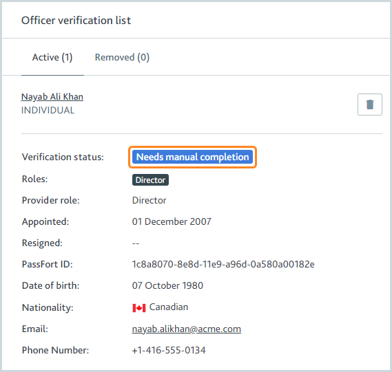 Officer verification list highlighting verification status field.