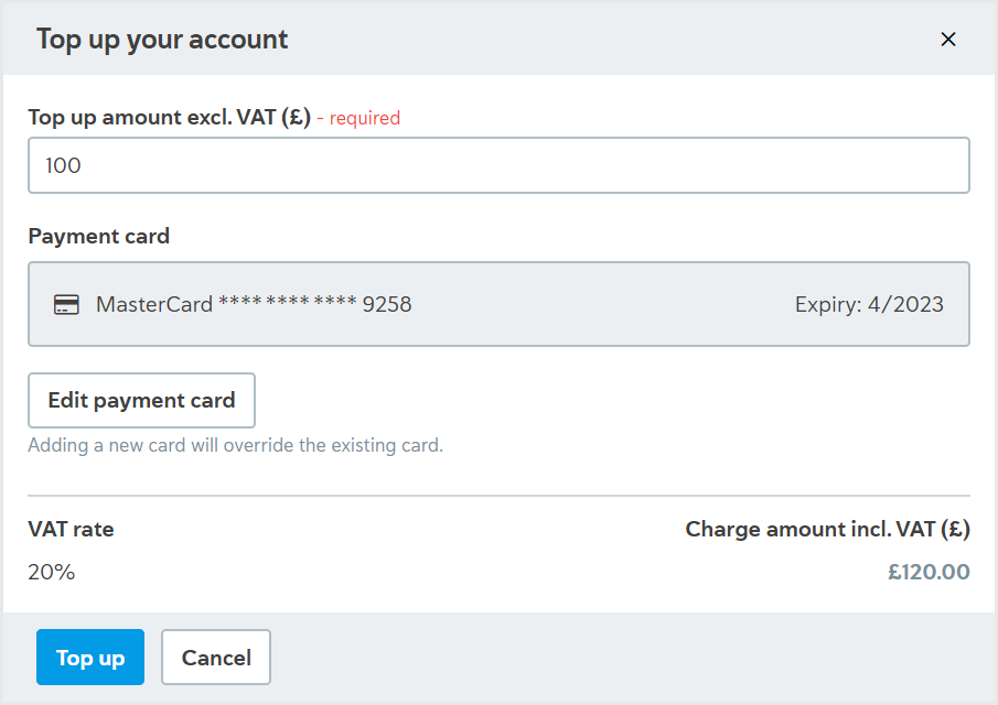 Top up your account dialog