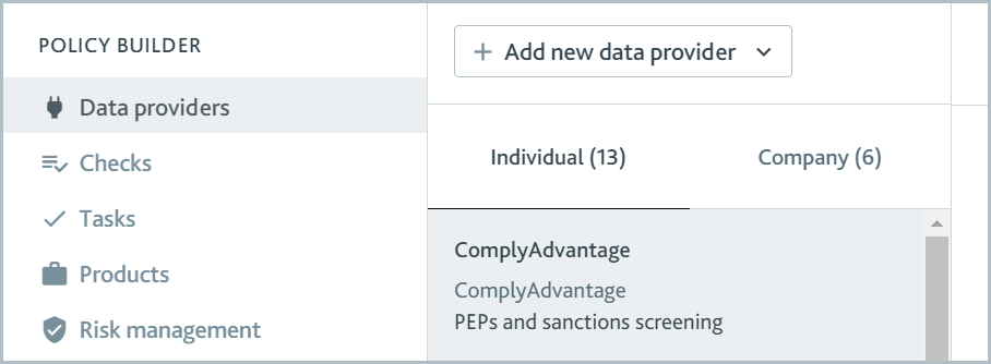 Data providers menu option in the Policy Builder.