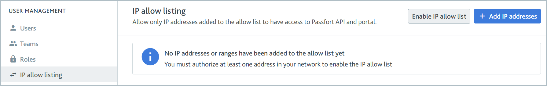 IP allow listing tab with no IP addresses listed.