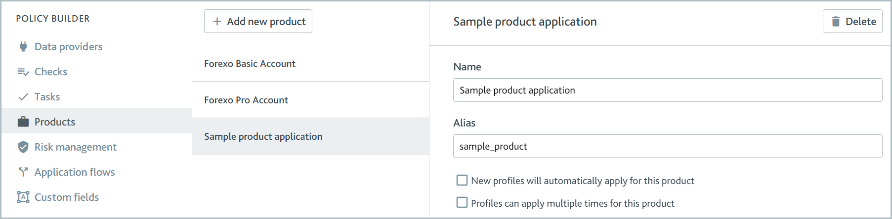 Products page of the Policy Builder with a Sample product application selected.
