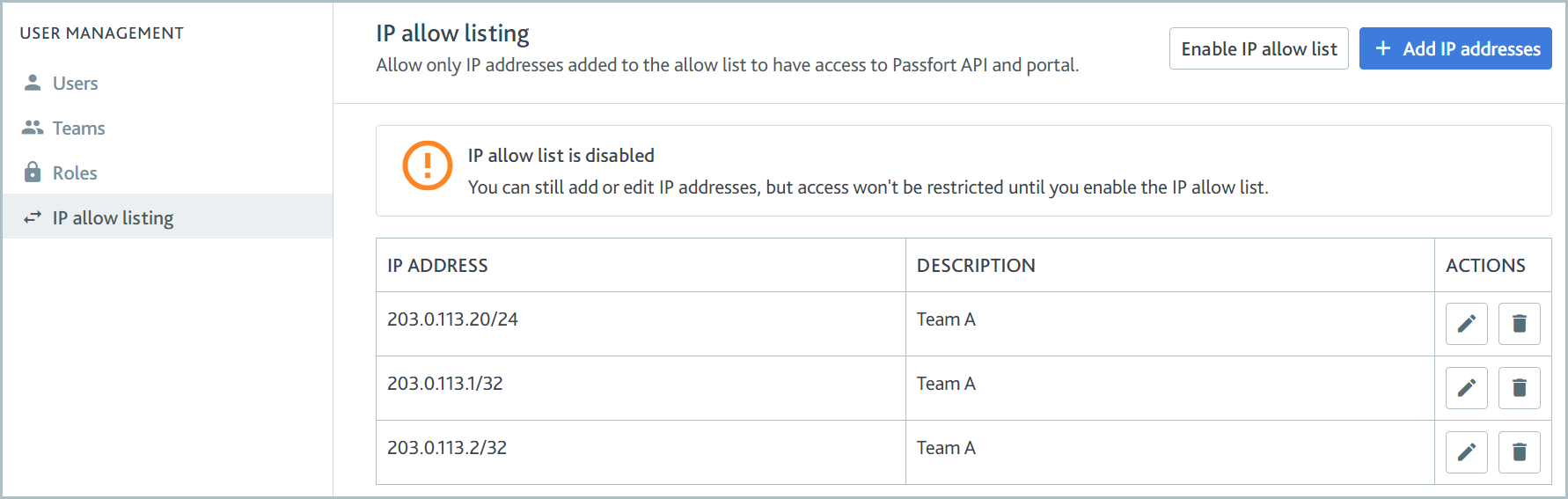 IP allow listing page showing notification that the list is disabled.