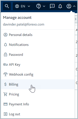 Manage account menu with mouse hovering over Billing option.
