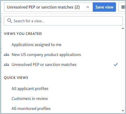 Views dropdown showing the Unresolved PEP or sanction matches view under Views you created.
