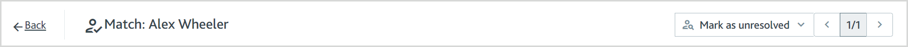 Header on the portfolio page for a resolved individual screening match, showing the Mark as unresolved button.