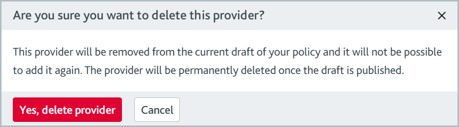 Delete data provider confirmation dialog.