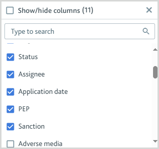 Show/hide columns drop down with PEP and Sanction columns selected.
