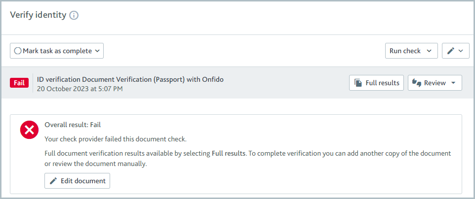 Verify identity task showing document verification check fail.