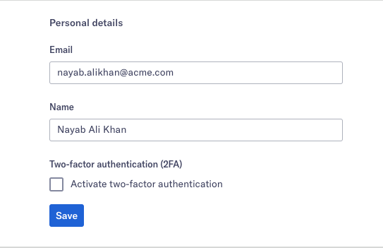 personal details of a non-sso user with an email, name fields and select a two-factor authentication button