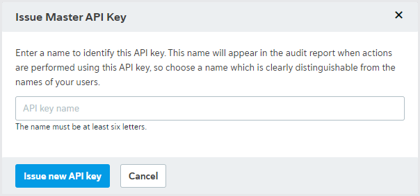 Issue master API key modal