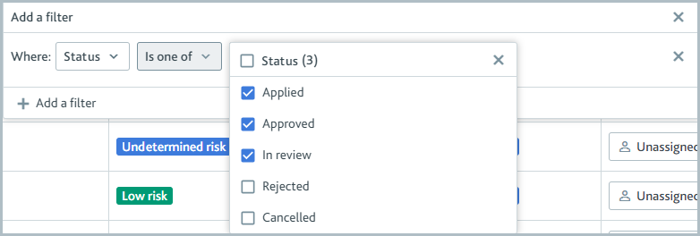 Add a filter with status applied, approved, and in review options selected.